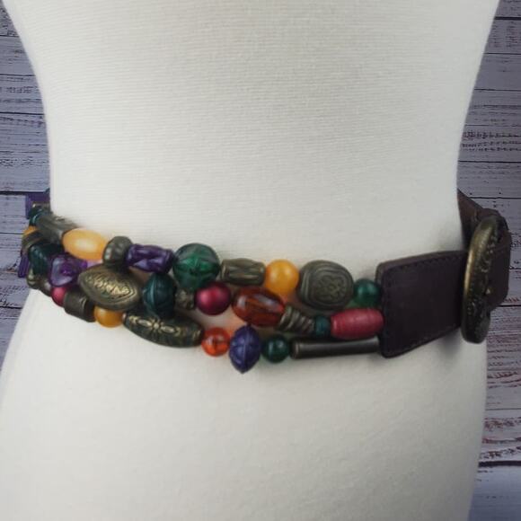 The Limited Leather Jeweled Beaded Belt Size M Boho Hippie Festival Statement - Picture 4 of 10